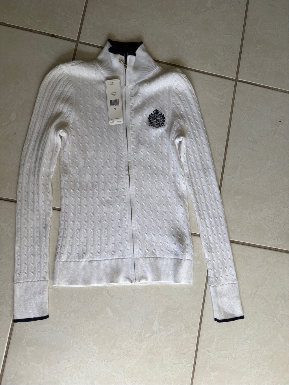Lauren Ralph Lauren White Zip Cable-Knit Cardigan with Crest